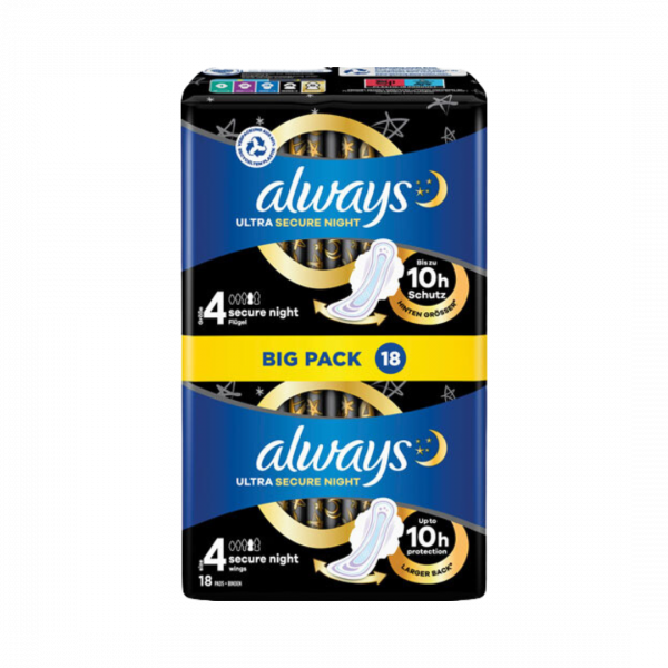 Always Binden Ultra Secure Night (Größe 4), mit Flügeln, 18 Stück